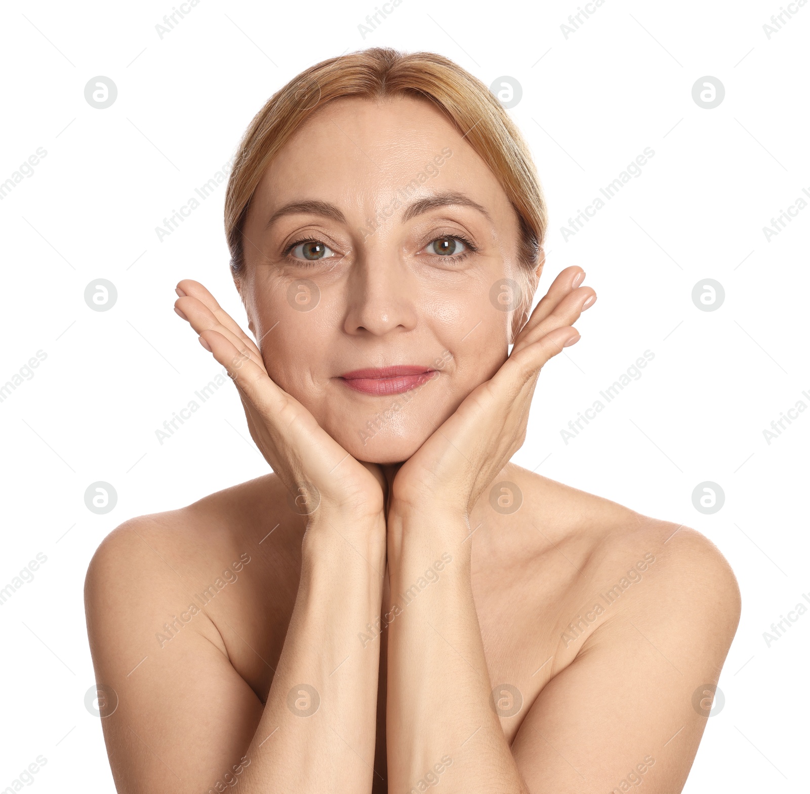 Photo of Portrait of beautiful woman with healthy skin on white background