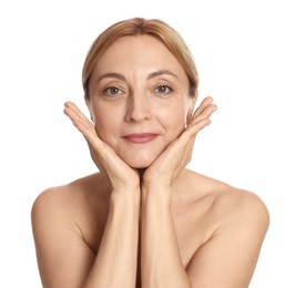 Portrait of beautiful woman with healthy skin on white background