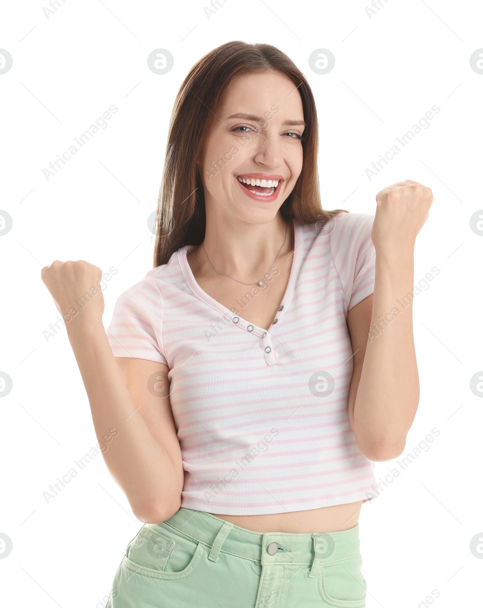 Photo of Portrait of happy winner on white background