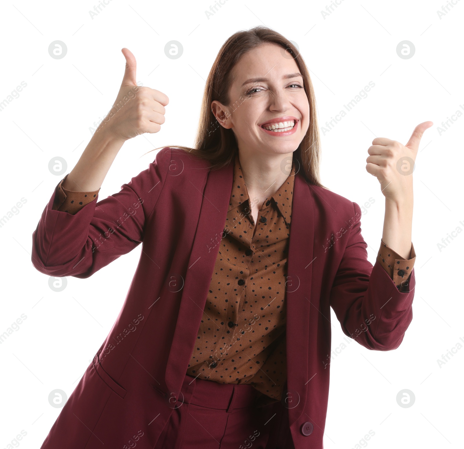 Photo of Happy winner showing thumbs up on white background