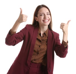 Happy winner showing thumbs up on white background