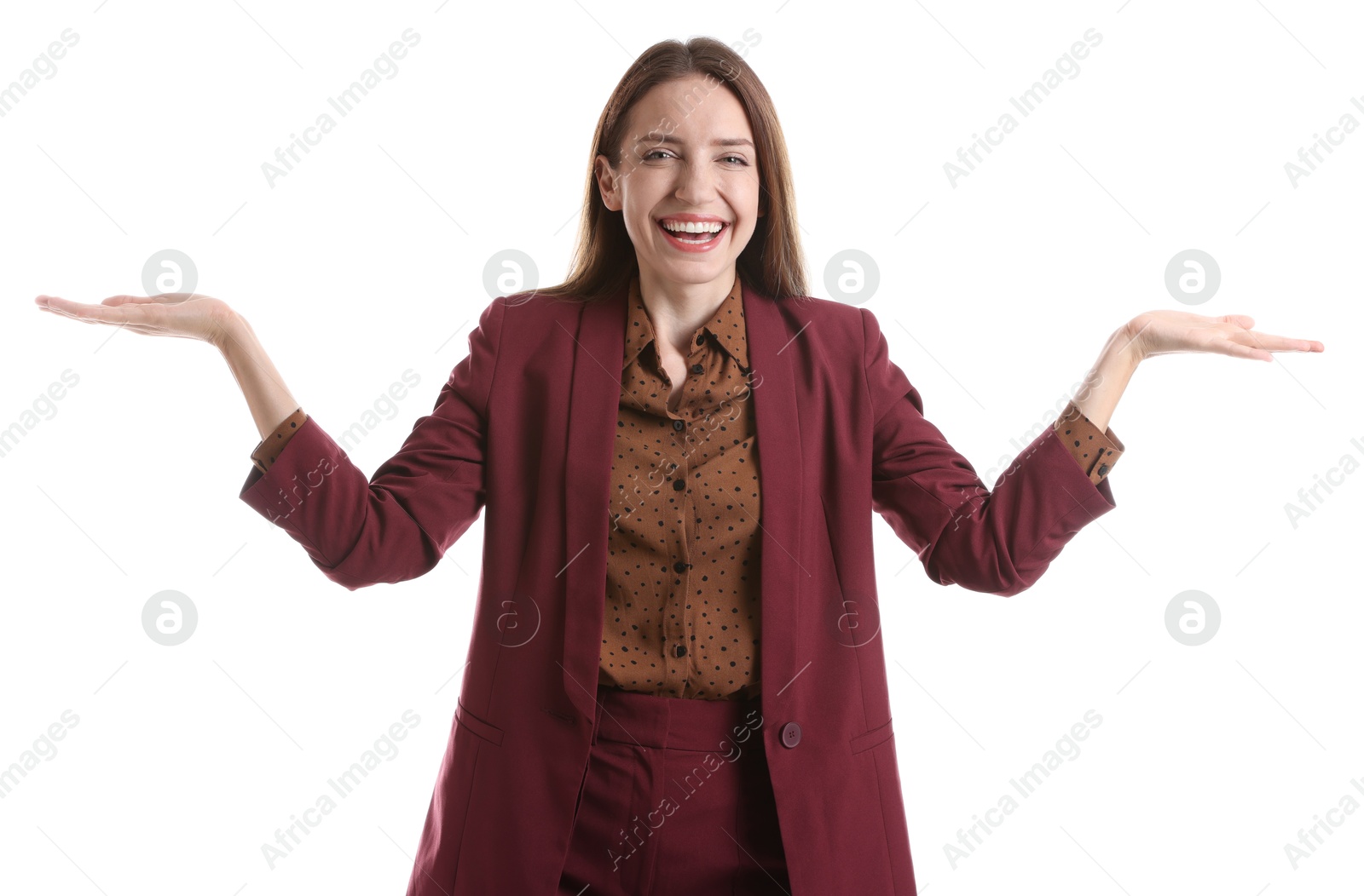 Photo of Portrait of happy winner on white background