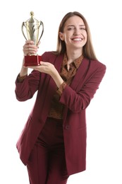 Happy winner with gold trophy cup on white background