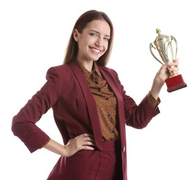 Photo of Happy winner with gold trophy cup on white background