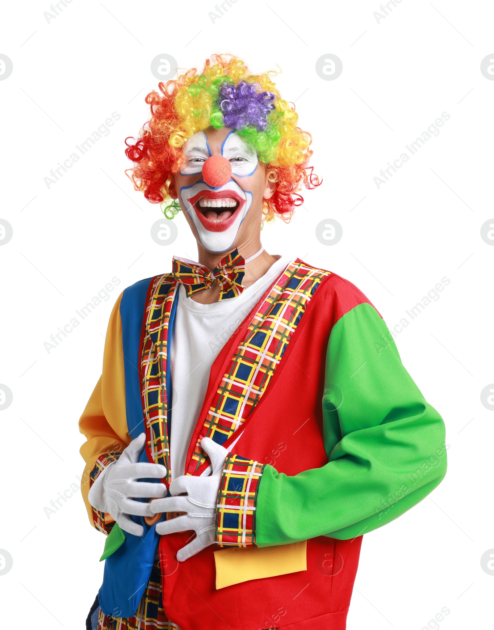 Photo of Portrait of clown laughing on white background