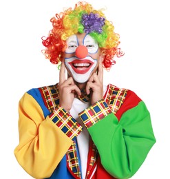 Photo of Portrait of happy clown on white background