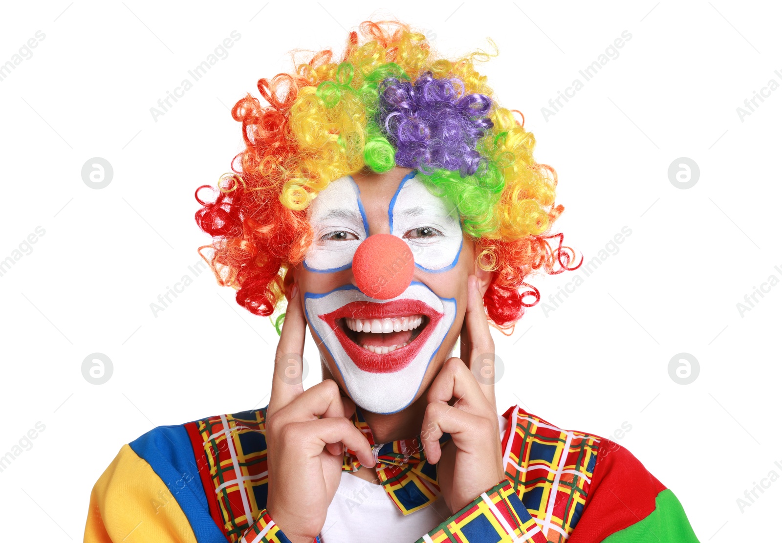 Photo of Portrait of happy clown on white background