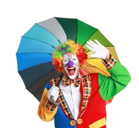 Photo of Happy clown with colorful umbrella on white background