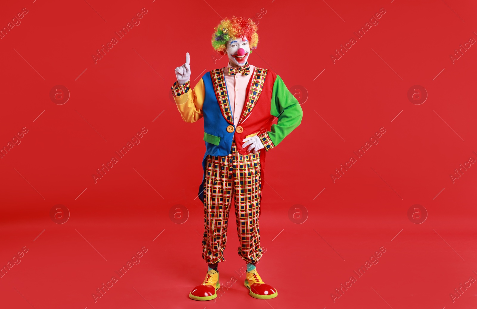 Photo of Portrait of happy clown on red background