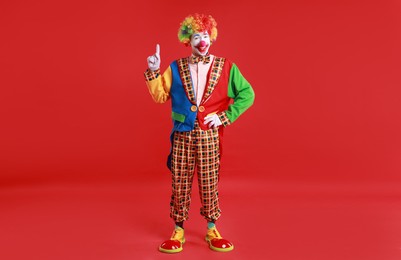 Photo of Portrait of happy clown on red background