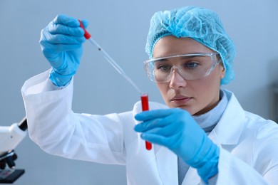 Laboratory testing. Doctor dripping blood sample into test tube indoors