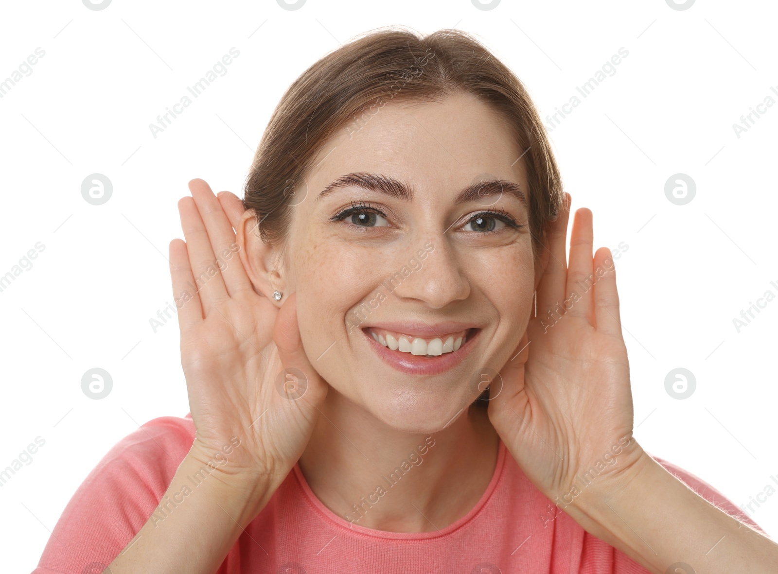 Photo of Woman showing hand to ear gesture on white background