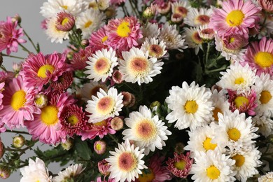 Photo of Beautiful white and pink flowers on gray background, closeup