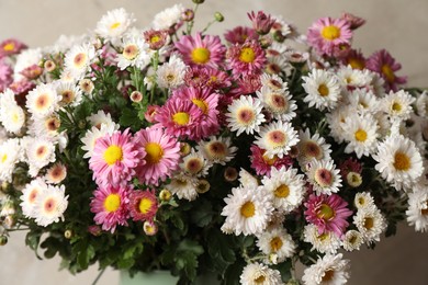 Photo of Beautiful white and pink flowers on gray background, closeup