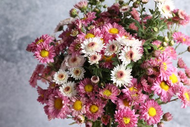 Photo of Beautiful chrysanthemum flowers on grey background, closeup