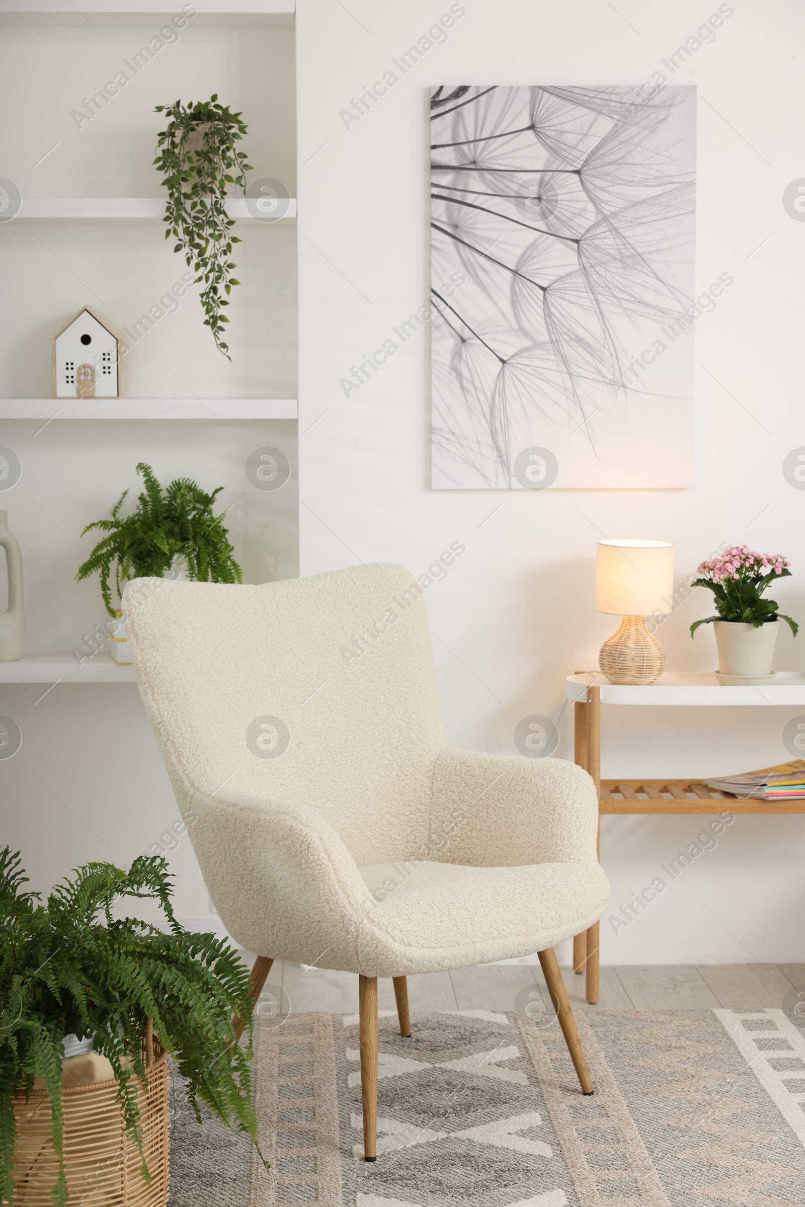 Photo of Soft armchair and houseplants in living room