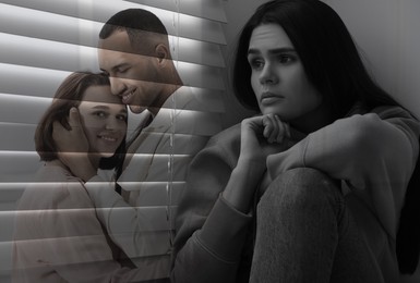 Loneliness. Sad woman sitting near window and happy couple, double exposure