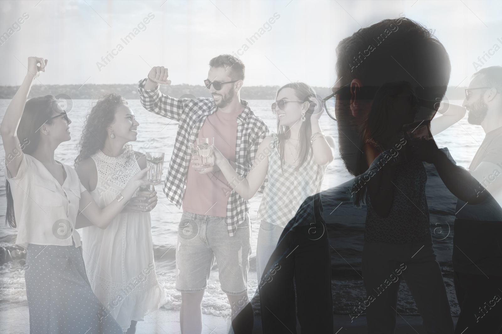 Image of Loneliness. Sad man near window in room and group of friends having fun outdoors, double exposure