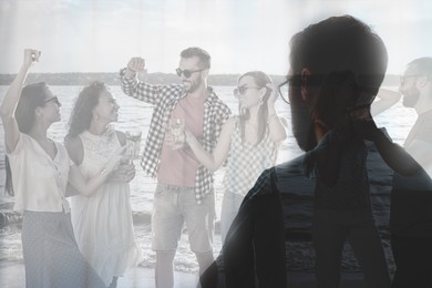 Image of Loneliness. Sad man near window in room and group of friends having fun outdoors, double exposure