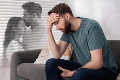 Image of Loneliness. Sad man sitting on sofa in room and happy couple, double exposure