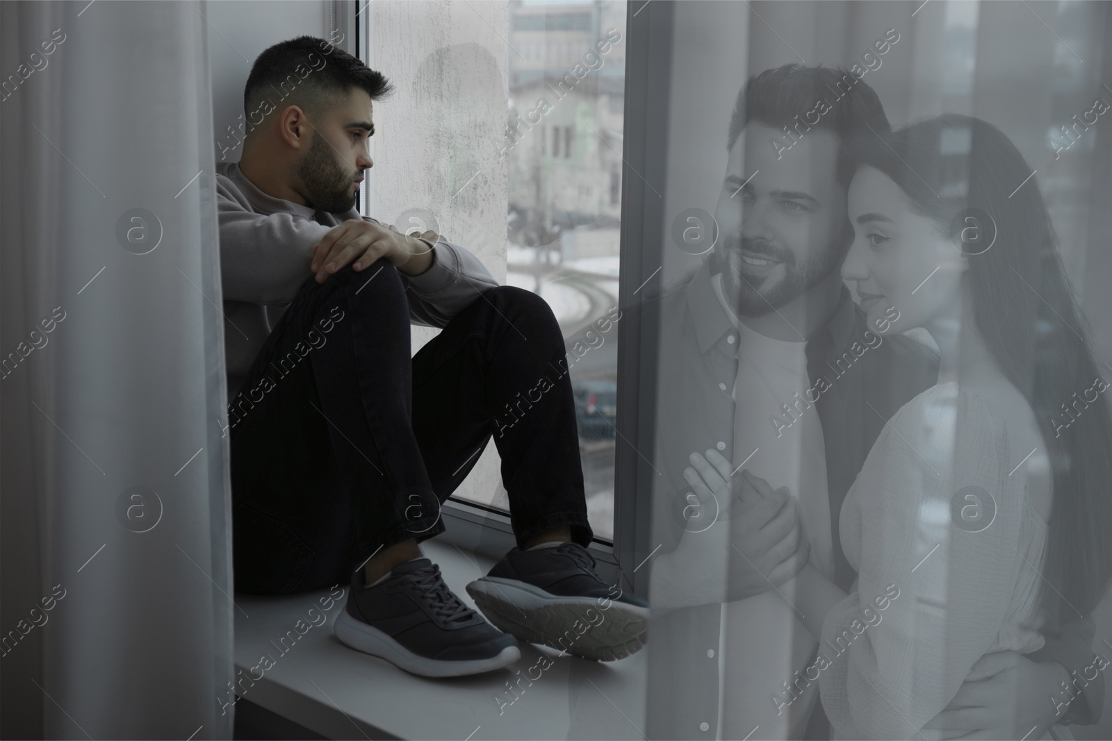 Image of Loneliness. Sad man sitting near window in room and happy couple, double exposure