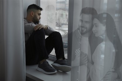 Loneliness. Sad man sitting near window in room and happy couple, double exposure