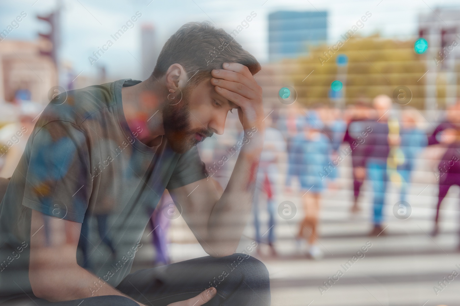 Image of Loneliness. Sad man and crowded street, double exposure