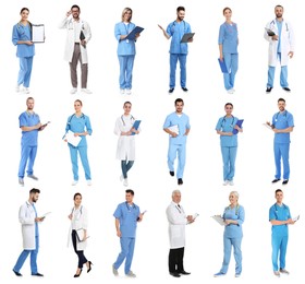 Different healthcare workers on white background, collage of photos