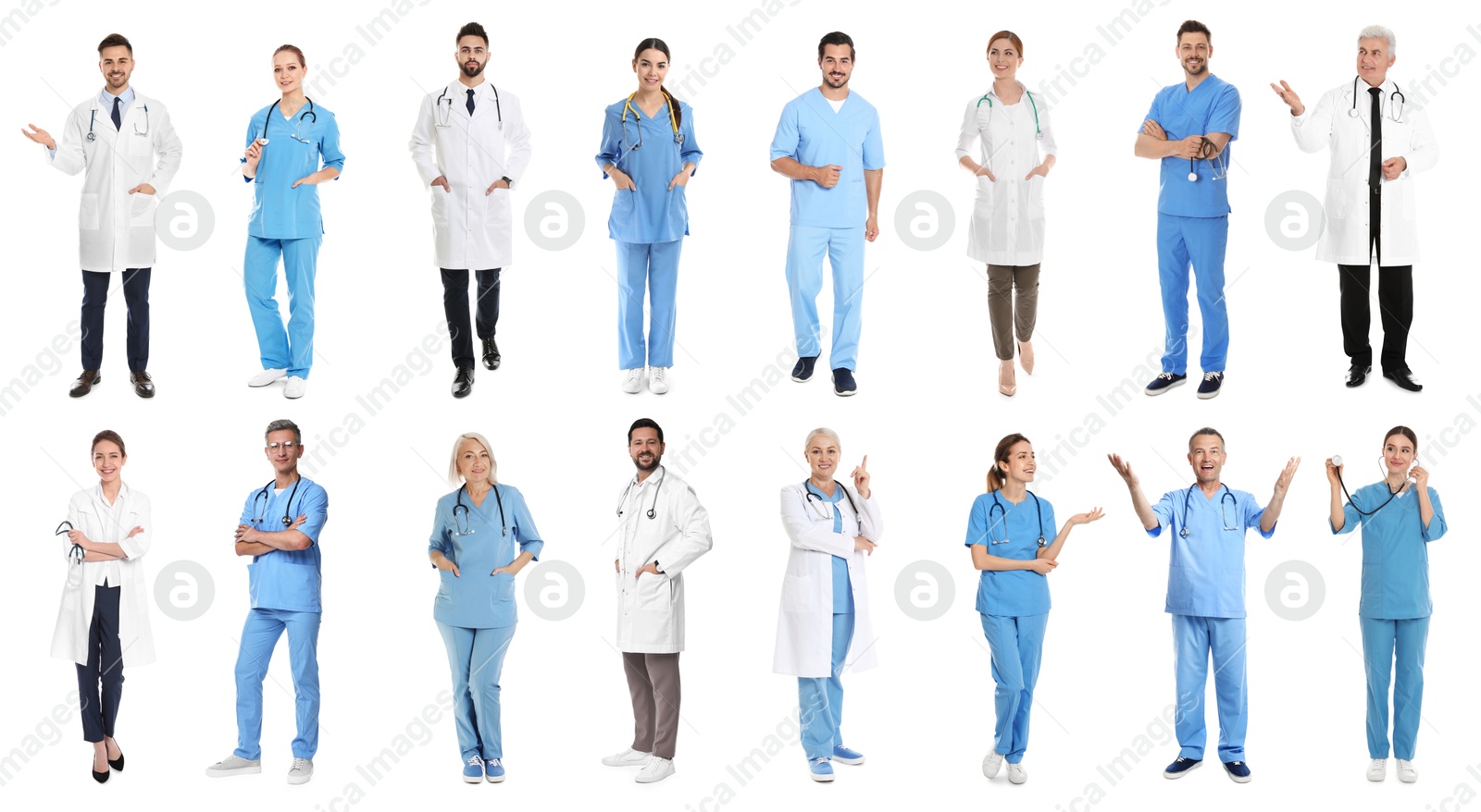 Image of Different healthcare workers on white background, collage of photos