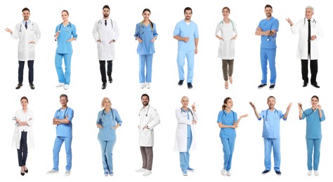 Different healthcare workers on white background, collage of photos