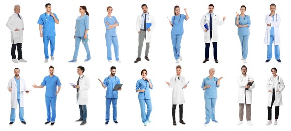 Different healthcare workers on white background, collage of photos