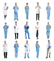 Image of Different healthcare workers on white background, collage of photos