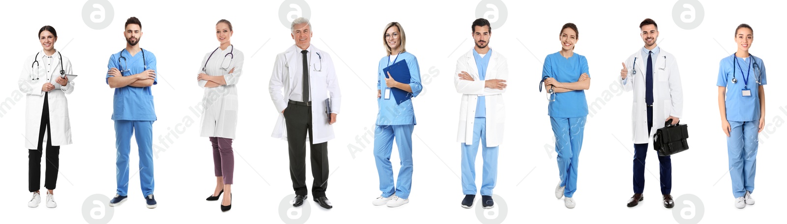 Image of Different healthcare workers in uniforms on white background