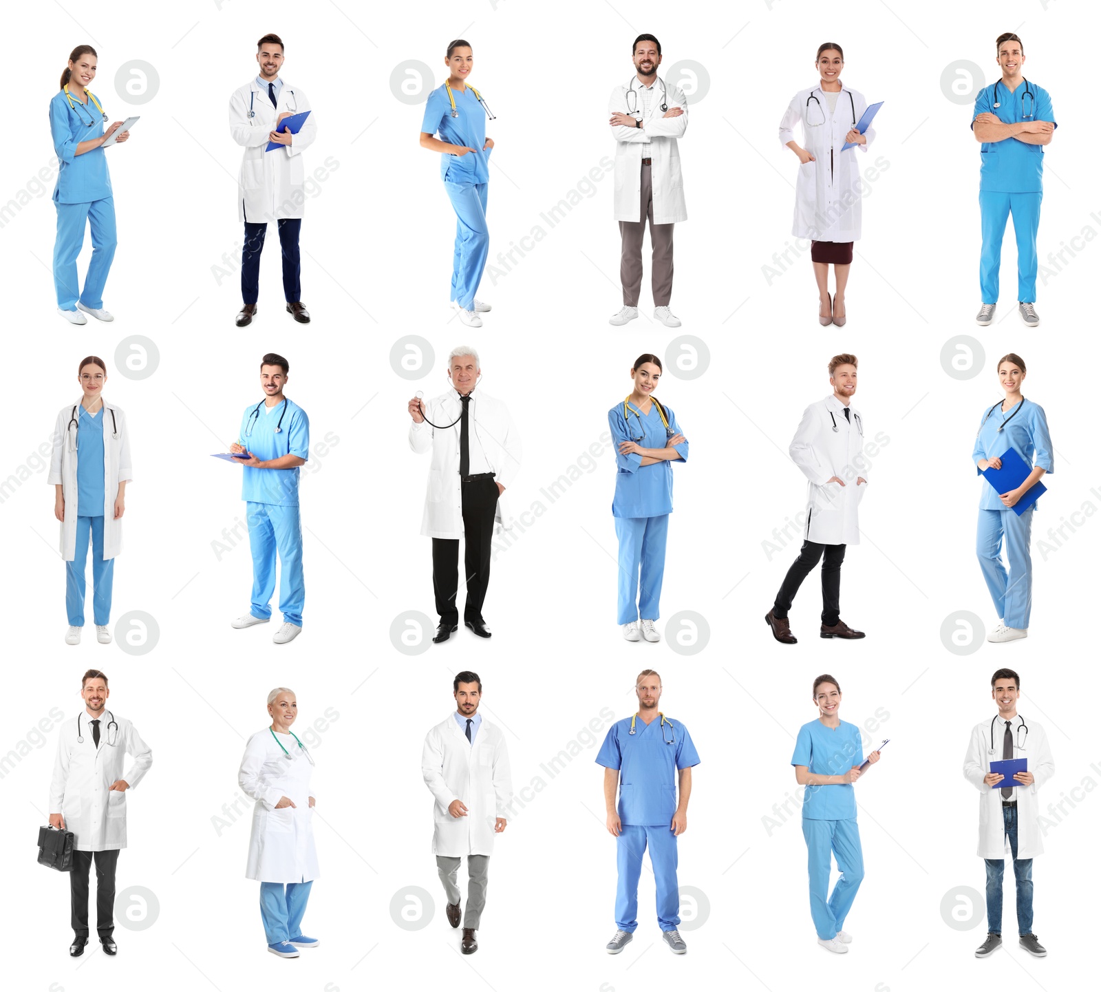 Image of Different healthcare workers on white background, collage of photos