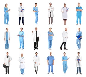 Different healthcare workers on white background, collage of photos