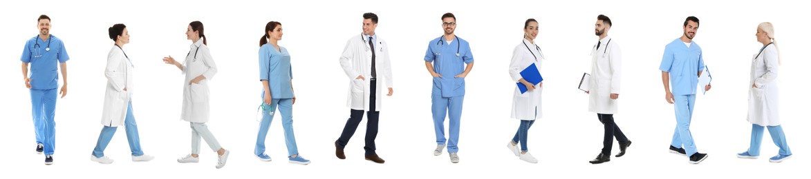 Image of Different healthcare workers in uniforms on white background