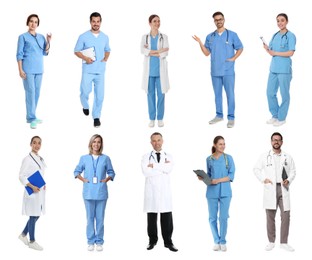 Different healthcare workers on white background, collage of photos