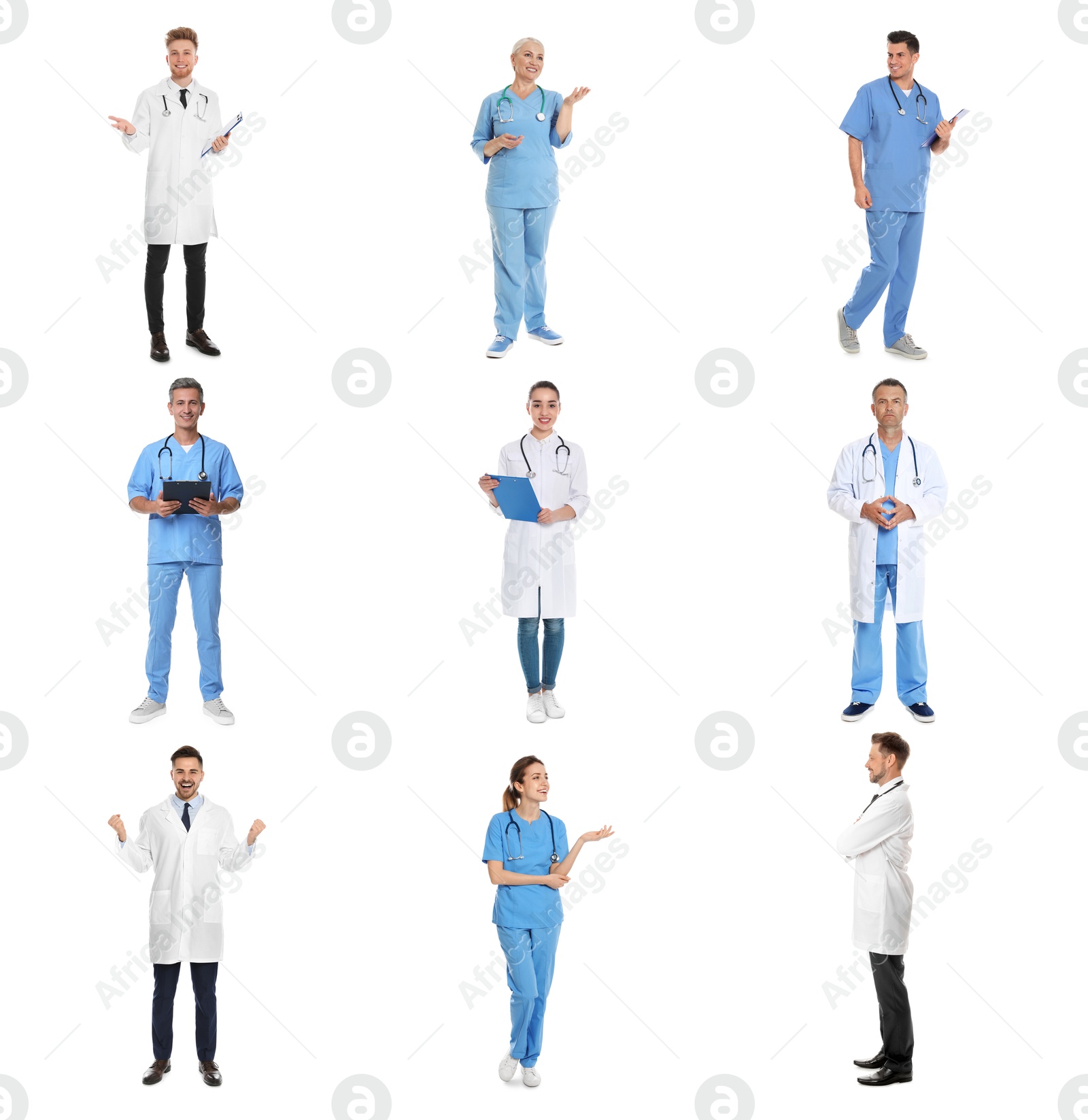 Image of Different healthcare workers on white background, collage of photos