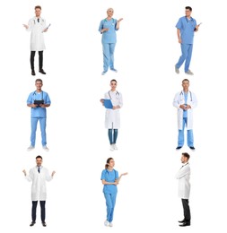 Different healthcare workers on white background, collage of photos