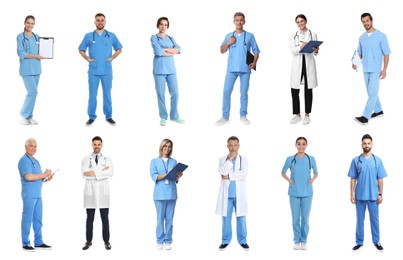 Different healthcare workers on white background, collage of photos