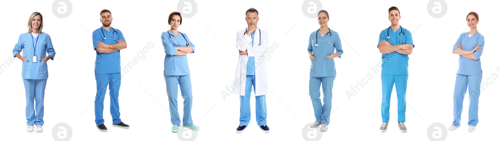 Image of Different healthcare workers in uniforms on white background