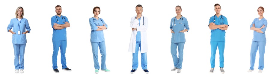 Different healthcare workers in uniforms on white background