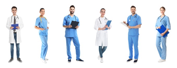 Image of Different healthcare workers in uniforms on white background