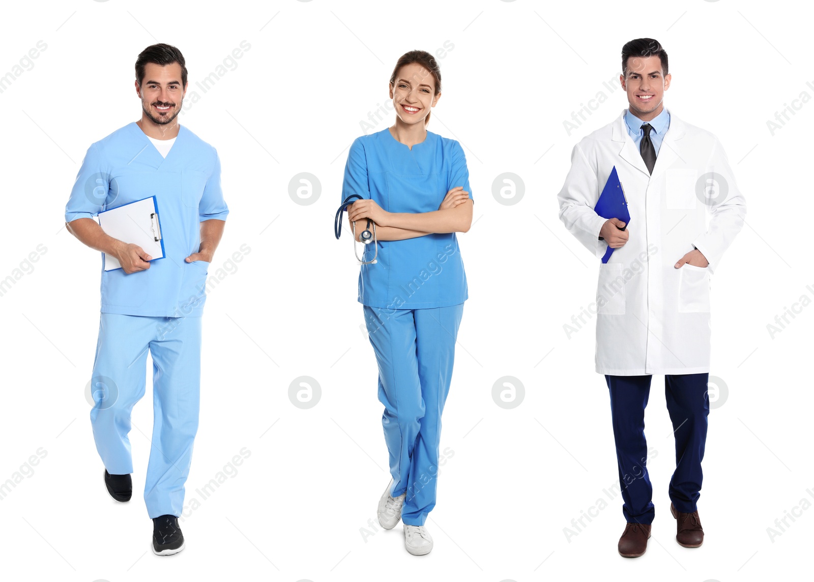 Image of Different healthcare workers in uniforms on white background