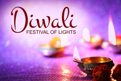 Image of Happy Diwali greeting card, Hindu festival of lights. Diya lamps and beautiful flowers on color background, closeup