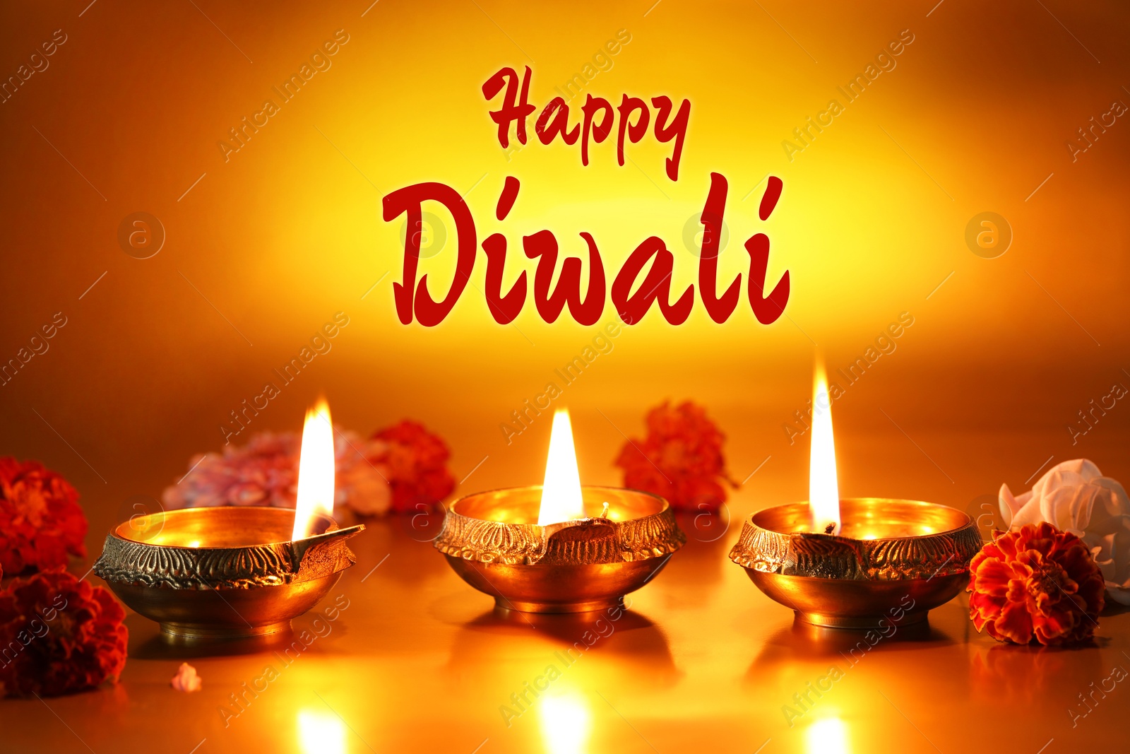 Image of Happy Diwali greeting card, Hindu festival of lights. Diya lamps and beautiful flowers on golden background