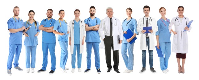 Image of Different healthcare workers in uniforms on white background