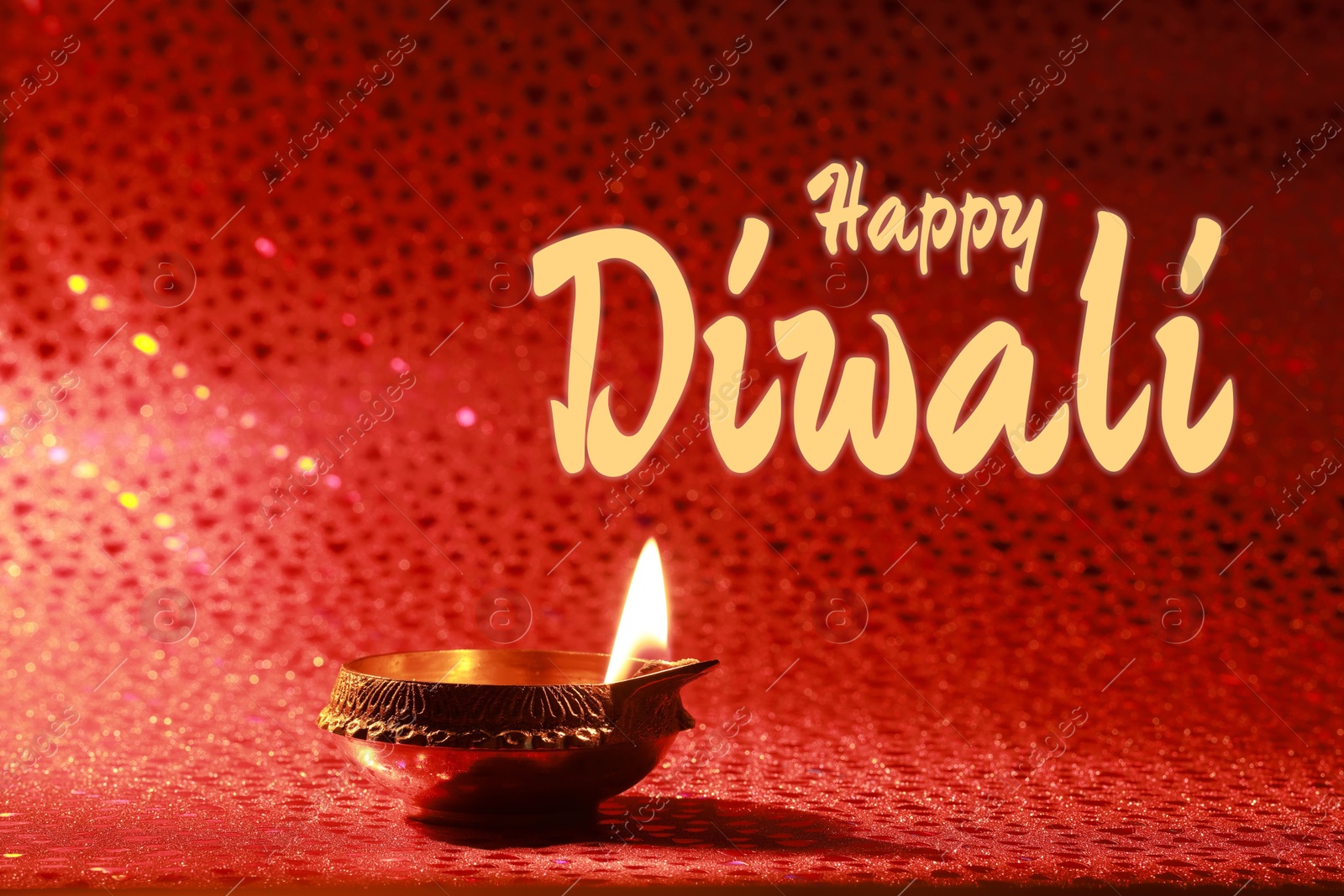 Image of Happy Diwali greeting card, Hindu festival of lights. Diya lamp on red background