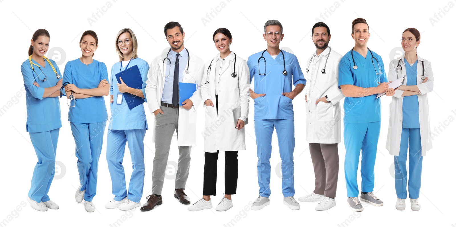 Image of Different healthcare workers in uniforms on white background