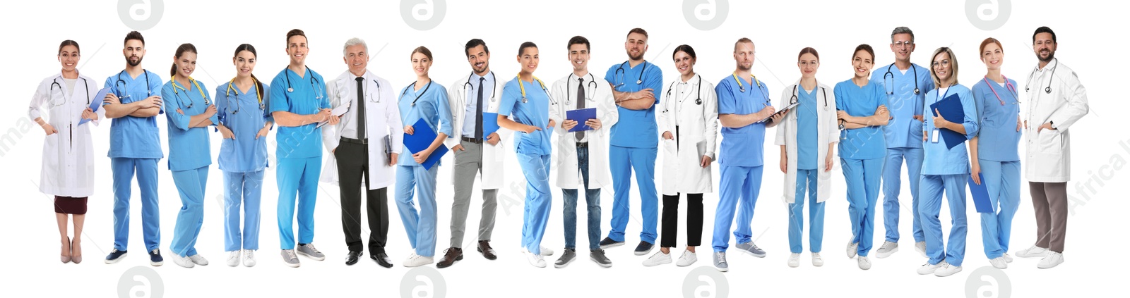 Image of Different healthcare workers in uniforms on white background